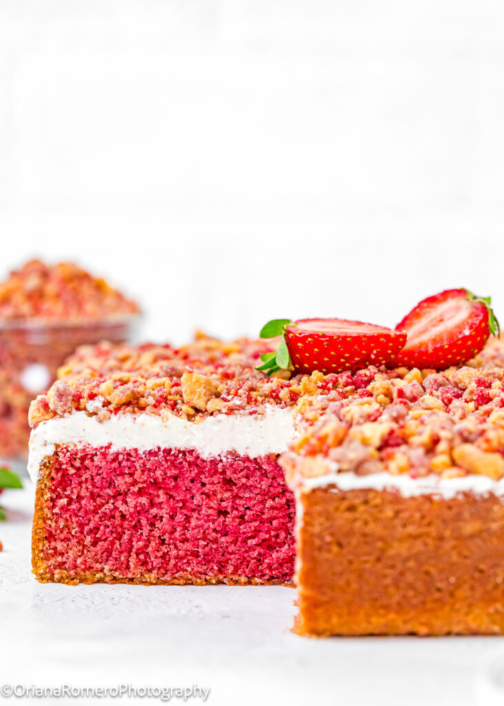 sliced Eggless Strawberry Crunch Cake showing its perfect inside texture.